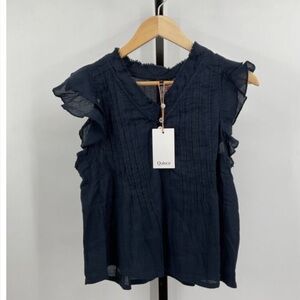 Quince Women's Organic Textured Cotton Ruffle Short Sleeve Blouse Navy Blue XS